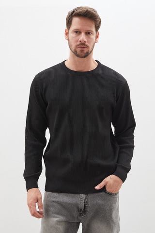 Fullamoda Waffle Dokulu Bisiklet Yaka Regular Fit Triko Kazak Siyah