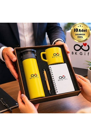 Logonuza Özel 10 Adet Ahşap Kutulu Sarı Kurumsal Hediye Seti Cam Suluk, Seramik Fincan, Defter Ve Kalemli Promosyon Seti