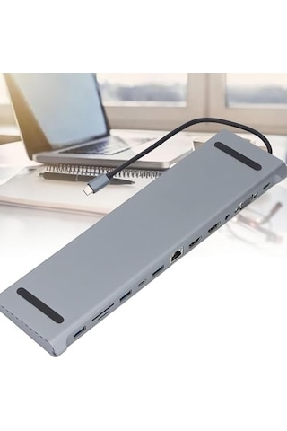 Usb-c 12in1 Hub Çoklayıcı Adaptör Macbook İle Uyumlu Çift Hdmı Vga Rj45 Ethernet Usb 3.0 Sd Tf Kart Okuyucu Pd Şarj Dock Station