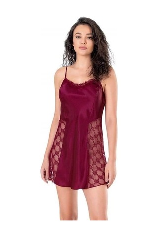 Aria's Closet Dantel İşlemeli İnce Askılı Bordo Kısa Saten Gecelik