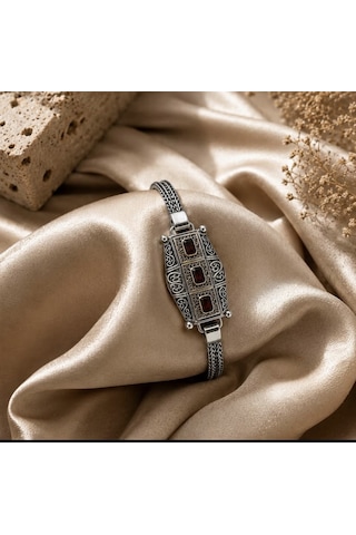 Simurg Jewellery 925 Ayar Gümüş Kırmızı Taşlı Erkek Bileklik