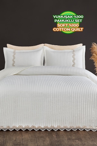 Evlen Home Mihrimah Dantelli Lüks Yatak Örtüsü Seti Çift Kişilik %100 Pamuk Şık Zarif Yumuşak Krem Kırık Beyaz