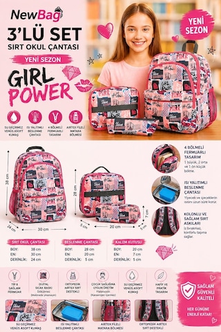 Newbag Girl Power Kız Sırt Okul Çantası-3'lü Set Yeni Sezon