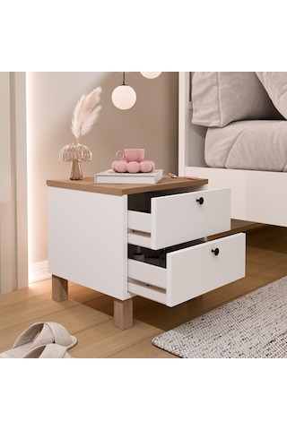 Robin Home Alaska Komodin 2 Çekmeceli Ahşap Ayaklı Sepet-beyaz Beyaz