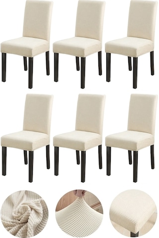 Bambu Nano Kumaş Likralı Yıkanabilir 6'lı Sandalye Kılıfı Lastikli Sandalye Örtüsü 6 Adet - Krem