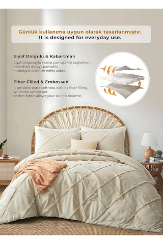 Evlen Home Pamuklu Aimar Yatak Örtüsü Takımı Çift Kişilik Günlük Boho 3 Parça Elyaf Dolgulu Bej Bej