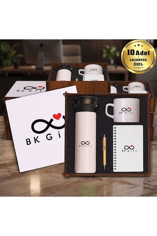 Logonuza Özel 10 Adet Ahşap Kutulu Bej Kurumsal Hediye Seti Cam Suluk, Seramik Fincan, Defter Ve Kalemli Promosyon Seti