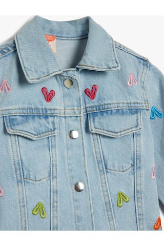 Koton Kalp Nakış Detaylı Uzun Kollu Pamuklu Denim Ceket Lıght Indıgo 5smg20005ad Açık Mavi