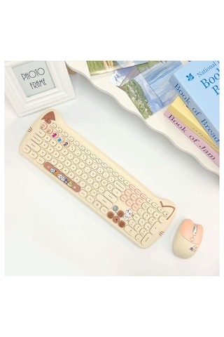 Geezer Cat Plus Kablosuz Klavye Mouse Seti 2.4g Kedi Kulaklı Sevimli 110 Tuş Renkli Set Optik