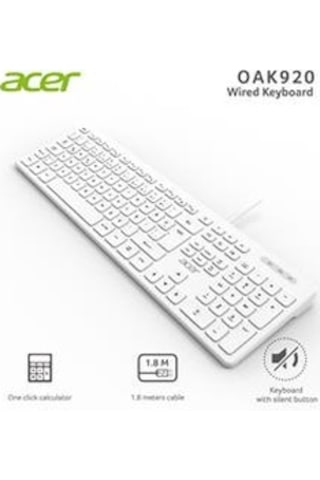 Acer Oak920 Q Usb Beyaz 1.8mt Kablolu Klavye-tek Tuş Hesap Makinalı Sessiz Tuş