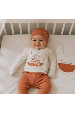 Milays Dinazorlu Süzene Nakışlı %100 Pamuklu Yenidoğan Kıyafetleri 5'li Hastane Çıkışı Zıbın Turuncu