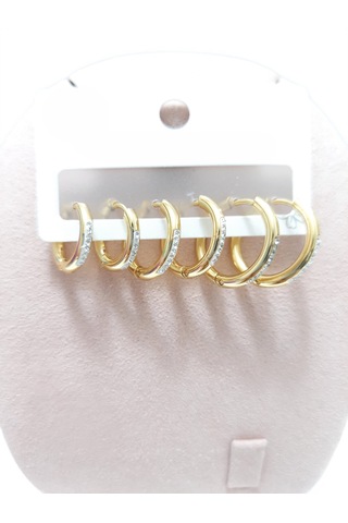 Çelik Küpe 3'lü Zirkon Taşlı Halka Model 1-2 Mm Kaliteli Çelik Altın Sarısı Gold Gold
