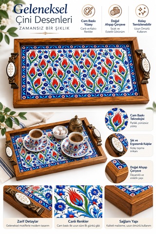 Ahşap Tepsi Cam Baskılı 28x44