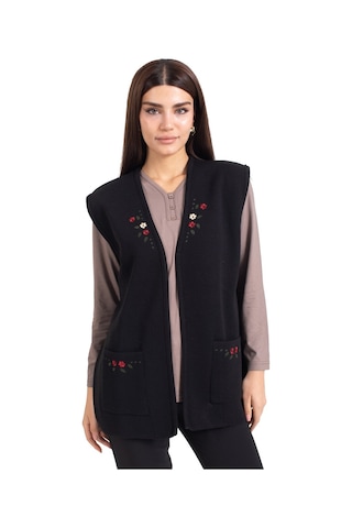 Kadın Orta Yaş ve Üzeri Triko Örgü Düğmesiz Kanaviçe Desen Nakışlı Anne Yelek 310-siyah - L Füme