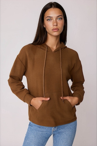 Vitrin Omuz Dekolteli Kanguru Cep Kapüşonlu Sweatshirt Kahve