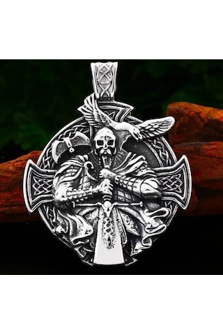 Paslanmaz Çelik Viking Savaşcı Odin Kolye - Viking Kolye Gümüş