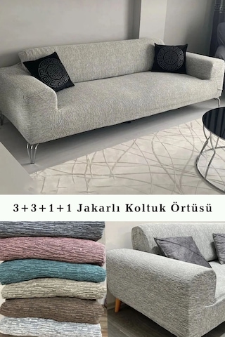Upmall Jakarlı Koltuk Kanepe Kılıfı Çekyat Örtüsü 3+3+1+1  Krem