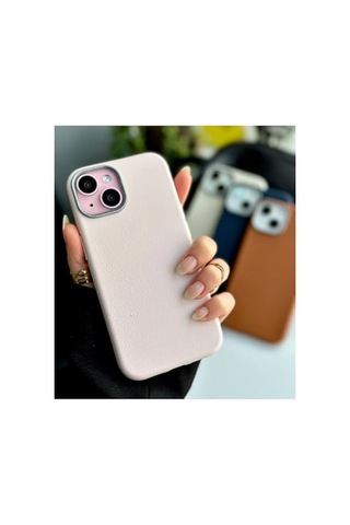 Apple iPhone 13-14 - 15 Uyumlu Estetik Dokulu Deri Görünümlü Esnek Silikon Kılıf - Pembe Diğer