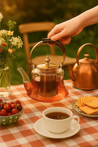 Ahşap Saplı Isıya Dayanıklı Borosilikat Amber Cam Demlik 1200 Ml Süzgeçli Cam Demlik Amber