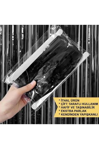Mey İthalat Siyah Renk Ekstra Metalize Parlak Saçaklı Arka Fon Perde İthal 1x2 Metre