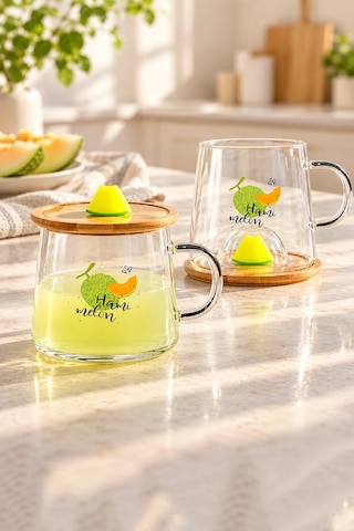 2li Bambu Kapaklı Kavun Meyve Figürlü Cam Bardak Baskılı Meşrubat Kupası Çay Bardağı 280 Ml.