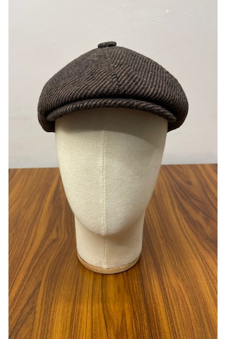 Hamze Peaky Blinders Model İngiliz Tarz Kaşe Kumaş Çizgili Kasket Şapka Kahverengi