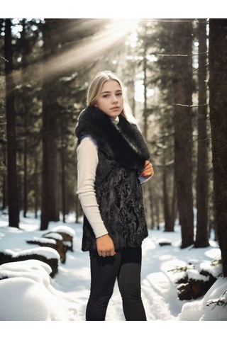 Kadın Kolsuz Hakiki Kürk - Siyah Kahve