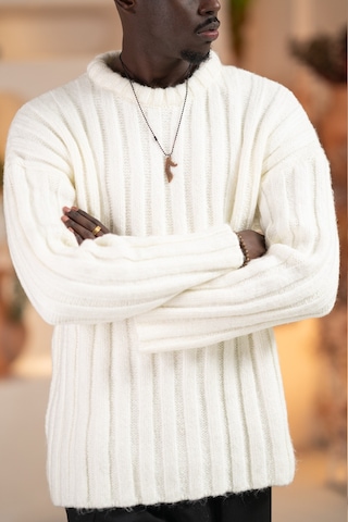 Oversize Kendinden Çizgili Pamuklu Kalın Triko Spor Kazak Beyaz