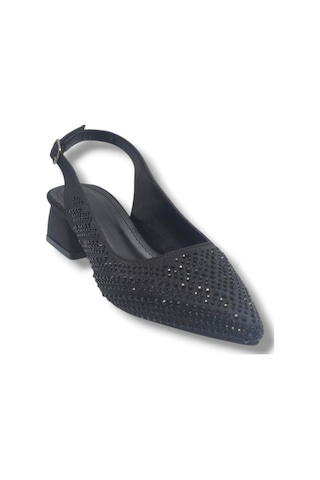 Ceylan Shoes 125-26 Taşlı Parlak Saten Kısa Kare Topuk Kadın Ayakkabı 36-41 Siyah