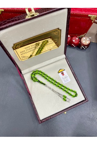 Tesbih Hanesi Ateş Kehribar Tesbih Harfli Kişiye Özel Seri Sıkma Kehribar Tesbih Usta Işi Tesbih Gümüş Kaplama Açık Yeşil