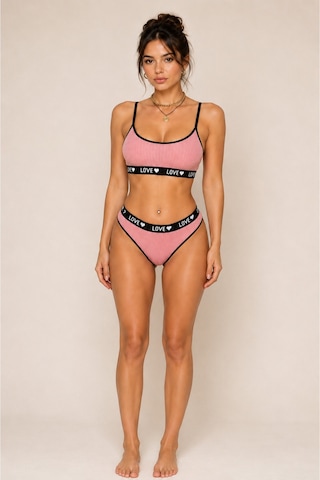 Pijamask Kadın Pembe Fitilli Love Lastik Detaylı Bralet Slip Külot İç Giyim Takımı Pembe