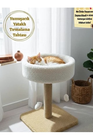 Yuvarlak Kedi Yatağı Yumuşacık Peluş Kedi Tırmalama Tahtası Ve Kedi Evi- 4'lü Ponpon Oyunlu 55 Cm
