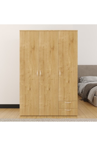 Ahşap Gardırop 120cm, Gardırop, Çok Amaçlı Dolap, 3 Kapılı Dolap, Elbise Dolabı 120x52x177cm Safir Meşe