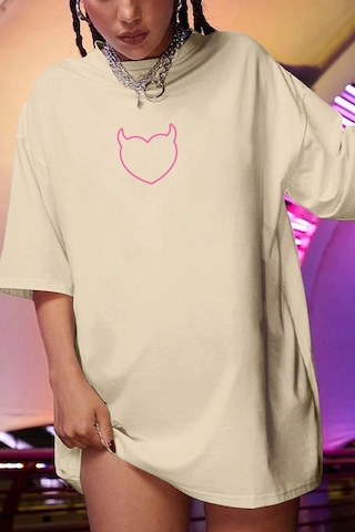 Unisex Şeytan Kalp Baskılı Oversize Tshirt Bej