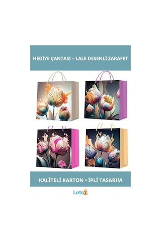 Büyük Boy Lale Desenli Şık Karton Hediye Çantası 26x32 Cm