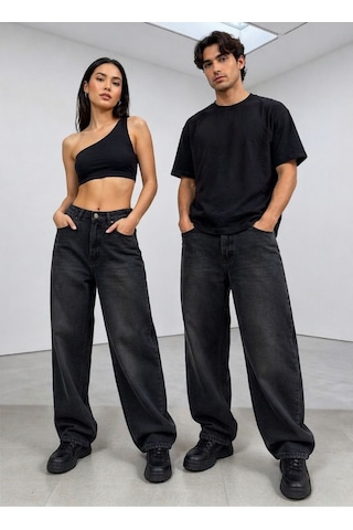 St.poll Eskitme Lacivert Yıkama Unisex Baggy Jeans Pantolon