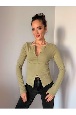 Ali Butik Çağla Çift Fermuarlı Uzun Kollu Bluz Çağla