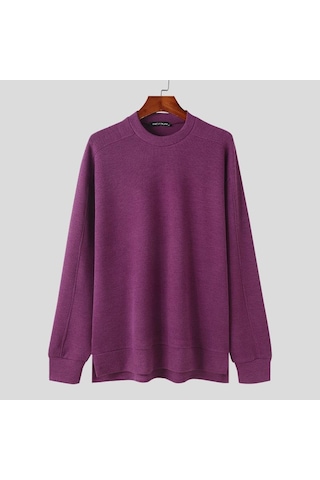 Incerun Erkek Sonbahar Kalın Yünlü Örme Kazaklar Düz Renk Yüksek Alçak Kazaklar Mor