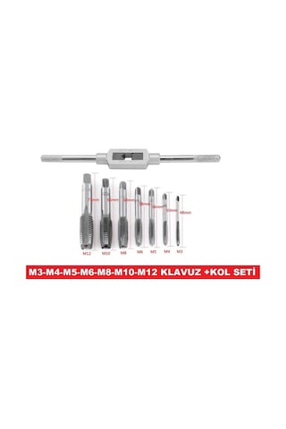 Klavuz Açma Seti+kol M3-m4-m5-m6-m8-m10-m12 Metrik Diş Açma Klavuzları