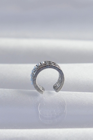 Pirinç Gümüş Renk İncili Baget Taşlı Earcuff Küpe Gold