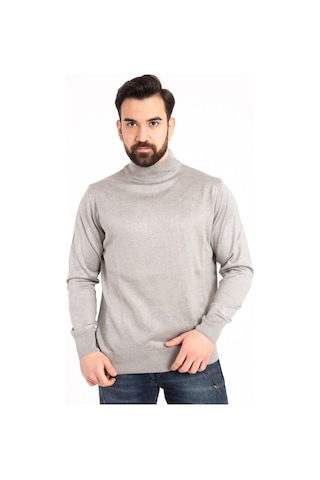 Nacar Store Erkek Ince Yün Yarım Boğazlı Triko Kazak Gri