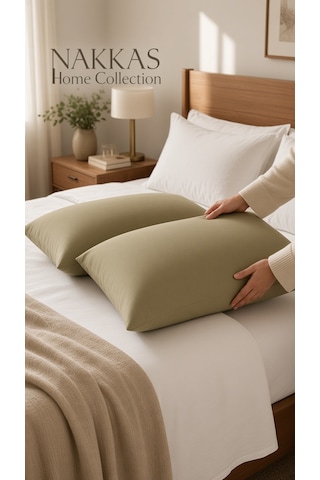 Nakkaş Home Collection 2'li Pamuklu Fermuarlı Yastık Kılıfı Seti - 50x70 Cm Düz Renk Yastık Kılıfı Haki Yeşil