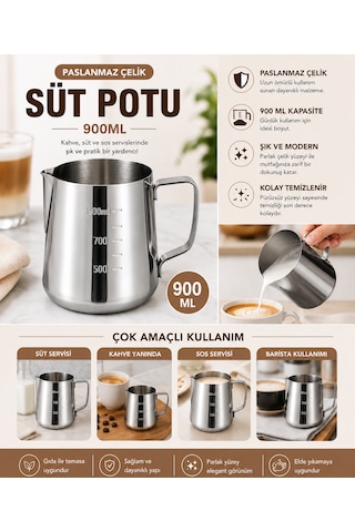 304 Çelik 900 Ml Kahve Süt Köpürtme Potu Sütlük Pitcher