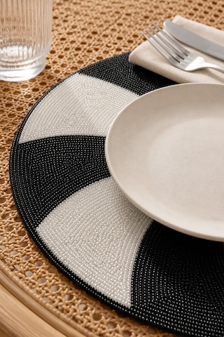 Boncuk İşlemeli Amerikan Servis 2'li Set Yuvarlak Supla 36x36 Cm Siyah Beyaz Siyah - Beyaz