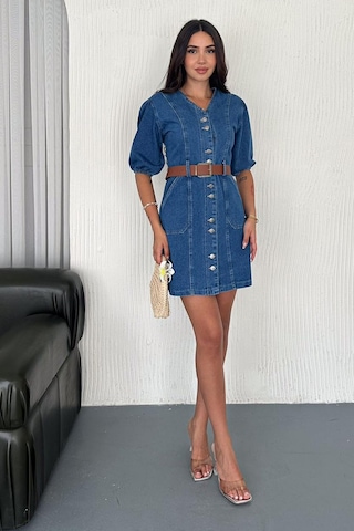 Noa & Noa Kadın Düğmeli Denim Elbise Deri Kemerli & Modern Kesim Mavi