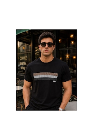 Hzr Wear Erkek Nakış Baskı Detaylı Sıfır Yaka Regular Fit %100 Pamuk Tişört Siyah
