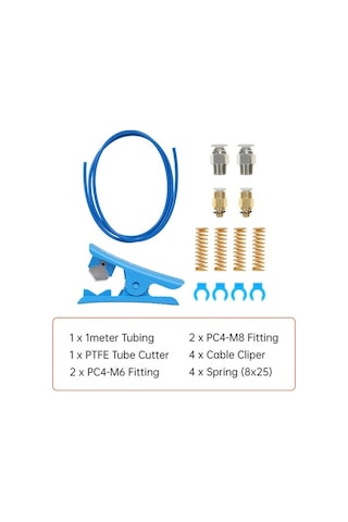 Fortunelane Kreality Ender 3/5 Cr-10 Serisi Uyumlu 1m Mavi Ptfe Boru + Kesici + M6/m8 Bağlantılar + Yaylar + Kablolu Klempler 3d