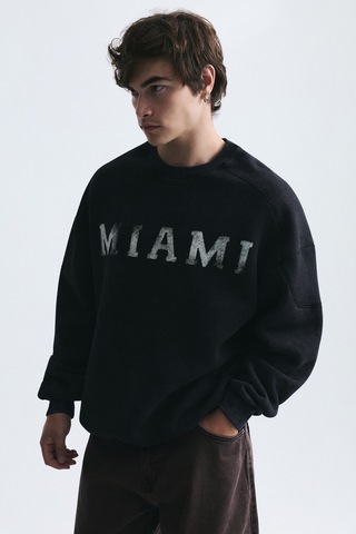 Vamos Miami Baskılı Bisiklet Yaka Sweatshirt Siyah