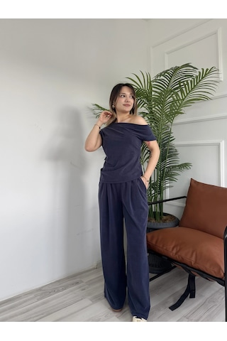 Keymoda Kadın Sion Kayık Yaka Bluz Pantolon Takım Lacivert