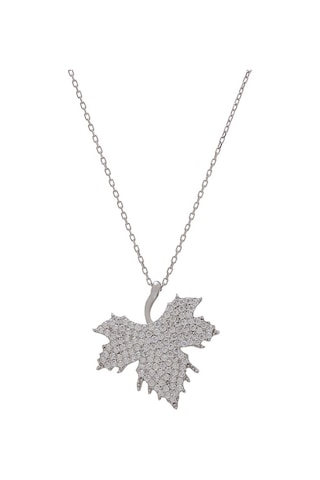 Çınar Yaprağı Model Zirkon Taşlı 925 Ayar Gümüş Kadın Kolye Gümüş - Rodyum